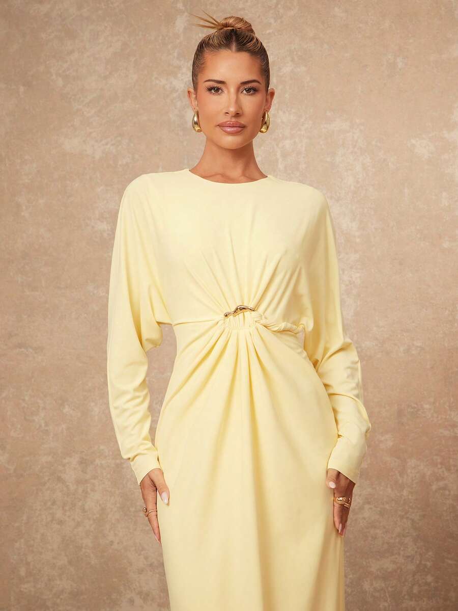 Lumalex VITNOS Damen blassgelbes elegantes Herbst Tee-Party Maxikleid, Puffärmel, gefaltete Taille, langes Hochzeitsgastkleid mit Metallknöpfen, Old Money Stil - Hellgelb - Übersicht 1
