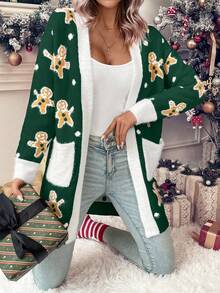 LanaWest Cárdigan con bolsillos duales y ribete de contraste con estampado de oso para ropa de Año Nuevo - Verde - Ver 6