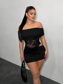 SHEIN SXY Bộ áo ren hở vai tương phản gợi cảm và chân váy ngắn ôm sát thời trang nữ - màu đen - Xem 6