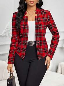SHEIN Lady Elegant Plaid Cinched Waist Blazer,Fall,Fall Clothes For Women - Red - View 1