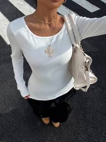 SHEIN Muchic Women's Letter Print Fitted Long Sleeve T-Shirt, White Y2k Top - White - View 4