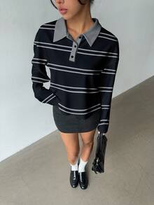 Aloruh sweat-shirt femme d'automne/hiver 2 en 1 avec polo, style collégial rayé bleu marine rétro Y2K, Top décontracté - Bleu marine - Voir 5