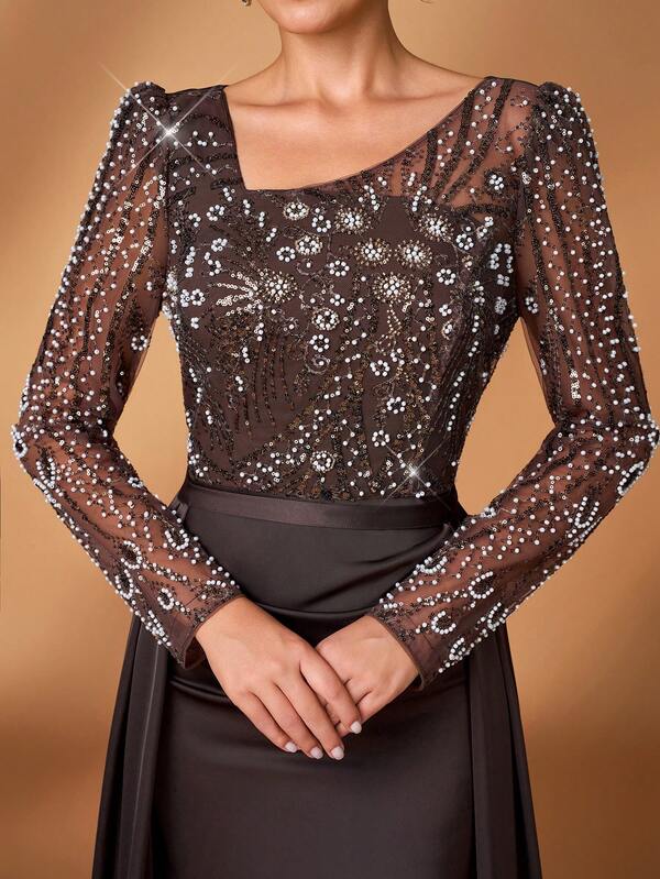 Serin Elegant Party Beaded & Sequin Patchwork Mother Of The Bride Dress