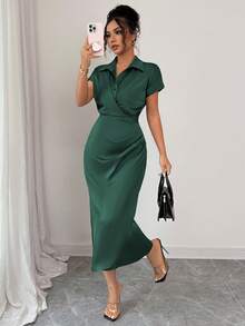 Elenzga 女士缎面法式简约高端通勤优雅办公室下午茶会优雅衬衫连衣裙，V 领落肩袖褶皱腰褶裙下摆褶皱后开衩长裙，春夏 - 墨綠色 - 查看 7