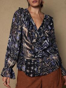 SHEIN VCAY Plus Size Women Floral Print Ruffle Collar Long Sleeve Fashion Blouse - Black - View 3