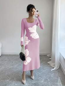 Elenzga Women's Turtleneck Floral Pattern Bodycon Long Sleeve Sweater Dress, Autumn/Winter - Mauve Purple - View 4