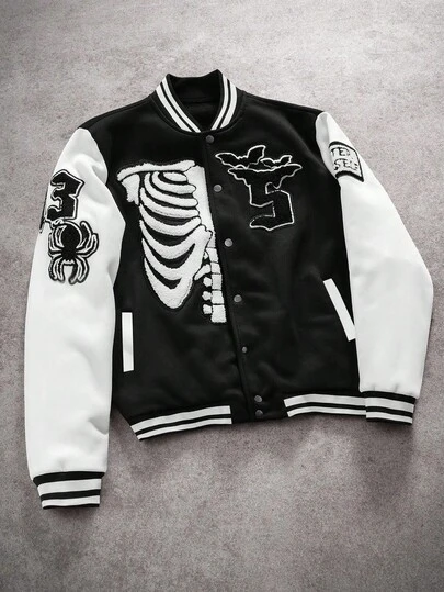 PAVTROS Men's Long Sleeve Y2K Number Skull & Bat Embroidered Color-Block Varsity Jacket, Black And White Skeleton Baseball Bomber, Emo Style Winter Outerwear, Halloween & Back To School, Fashionable Versatile Gift For Your Boyfriend , Fall