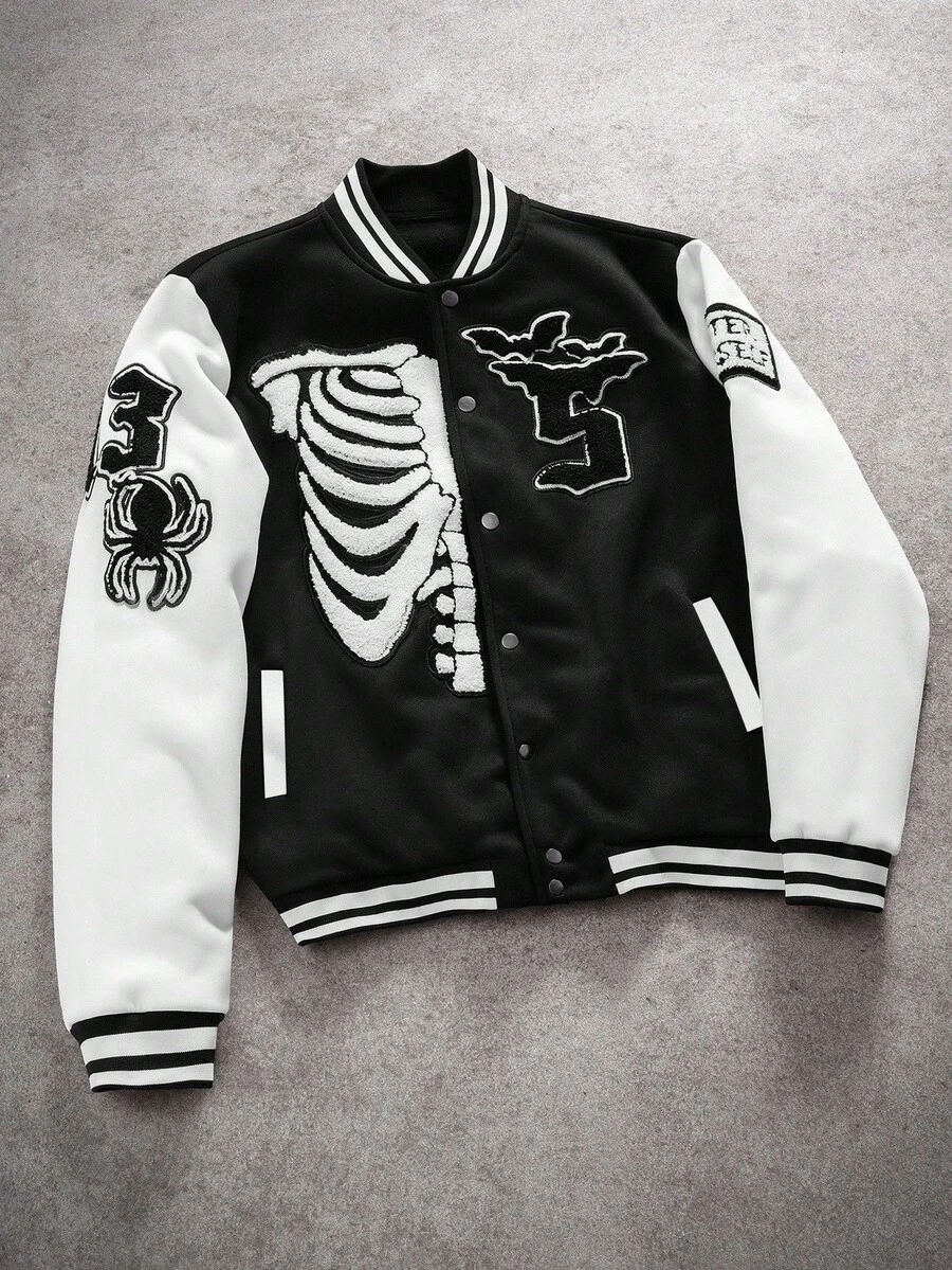 PAVTROS Men's Long Sleeve Y2K Number Skull & Bat Embroidered Color-Block Varsity Jacket, Black And White Skeleton Baseball Bomber, Emo Style Winter Outerwear, Halloween & Back To School, Fashionable Versatile Gift For Your Boyfriend , Fall - Black - View 1