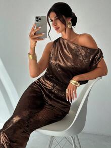 Firerie Conjunto de blusa suelta sin hombros asimétrica con detalles metálicos sin mangas y pantalones de pierna ancha con cintura elástica, adecuado para citas, fiestas, ir al trabajo, conciertos, graduaciones, atuendos de maestros, ocasiones formales - Marrón - Ver 5