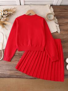 Tween Girls Sweater Set,Red And White Striped,Autumn,Cute,Holiday,Back-To-School Crew Neck Button Long Sleeve Knitted Top With Bow&Pleated Mini Skirt - Red - View 2