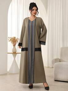 Al Najma Women's Classic Pattern Elegant Lace Trim Casual Turkish Maxi Dress