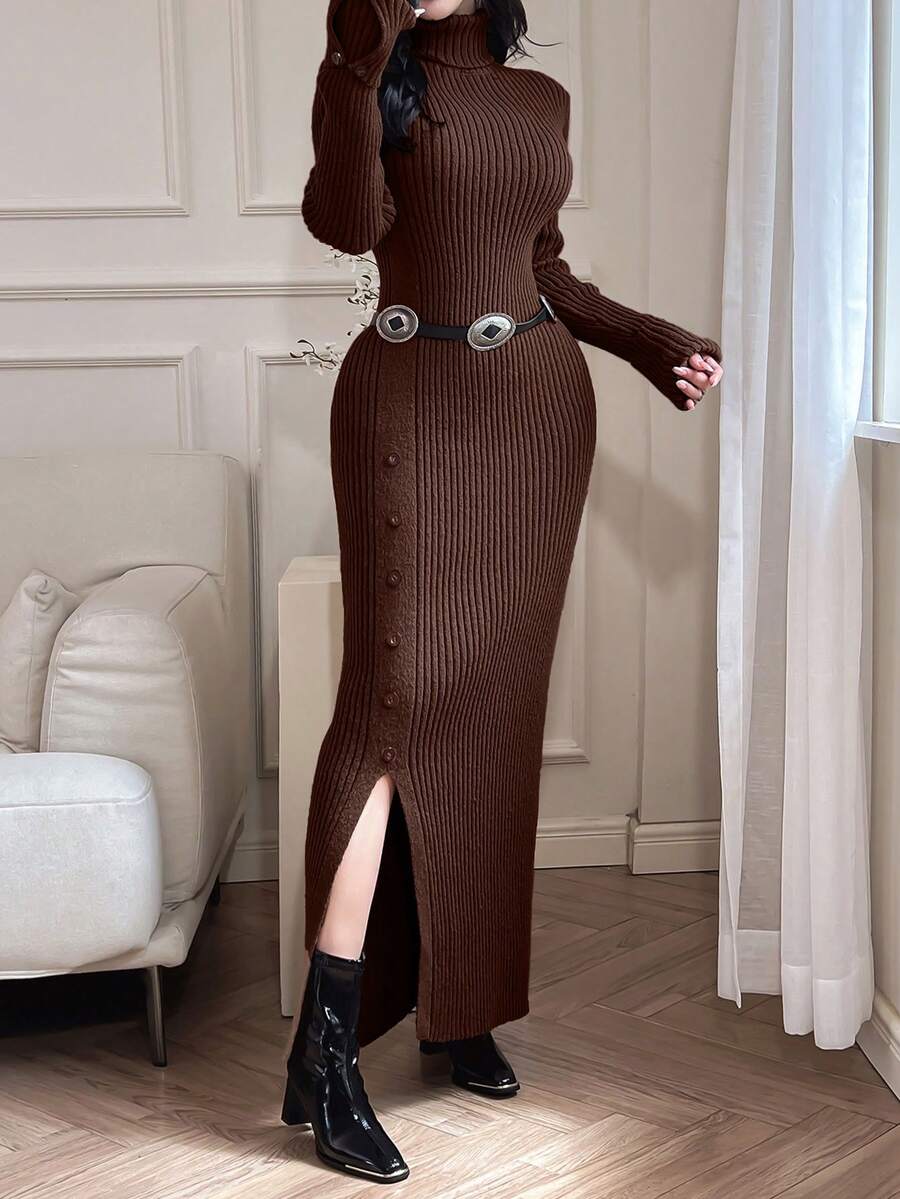 Feyla Đầm dệt kim ôm dáng cổ lọ tay dài màu trơn thiết kế nút xẻ tà bên hông dành cho nữ, mùa thu/đông - Cà phê nâu - Xem 1