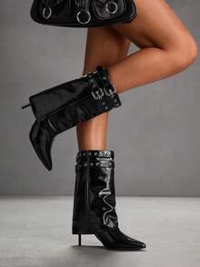 CUCCOO SZL Nuevas botas de media pantorrilla para mujer de tacón de aguja puntiagudo, con cremallera lateral, hebilla con ojal y versátiles y sexys, en color negro - Negro - Ver 1