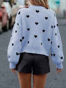 SHEIN LUNE Heart Pattern Drop Shoulder Casual Sweater, Autumn/Winter - Teal Blue - View 2