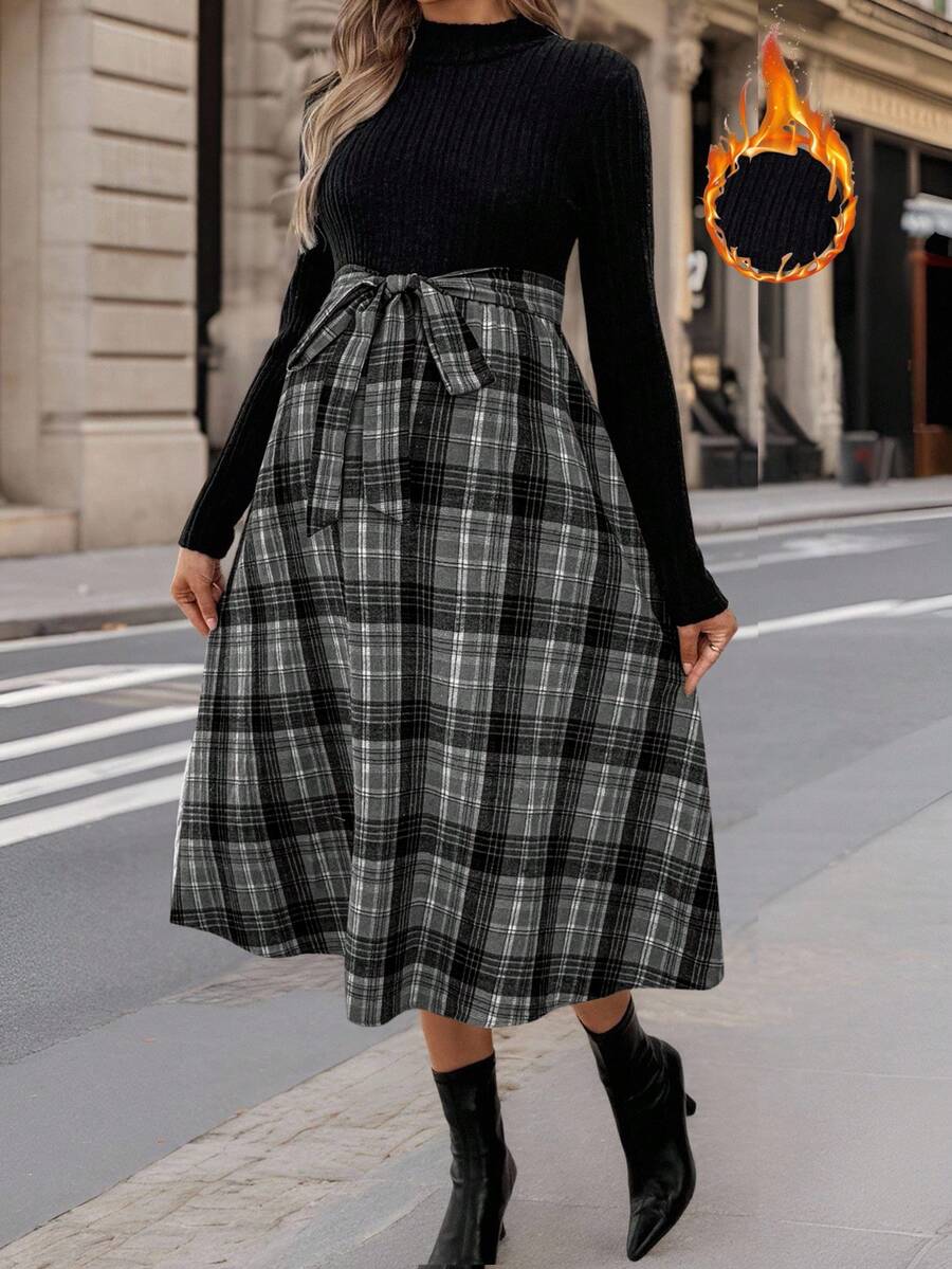 SHEIN Váy xếp ly cổ vuông tay raglan họa tiết caro thanh lịch dành cho bà bầu - Nhiều màu - Xem 1