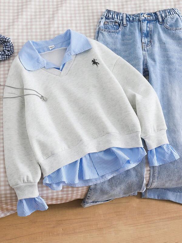 Genkimix Kids 1pc Girls Gray 2 In 1 Cartoon Print Sweatshirt, Patchwork Design, Collegiate Style Striped Collar Top, Suitable For Travel, School, Outings Fall Winter