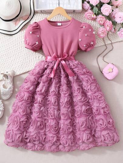 SHEIN Girls' Pearl Sleeve 3D Floral Elegant Dress With Belt, Summer