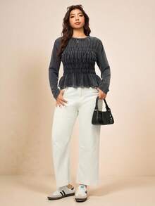 Elaquor Plus Size Casual Ruffle Hem Long Sleeve T-Shirt, Autumn - Black - View 4