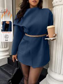 Easura Mantel Wol Wanita Ukuran Besar Warna Polos Lengan Panjang Model Syal, Musim Gugur/Dingin - Navy Blue - View 1