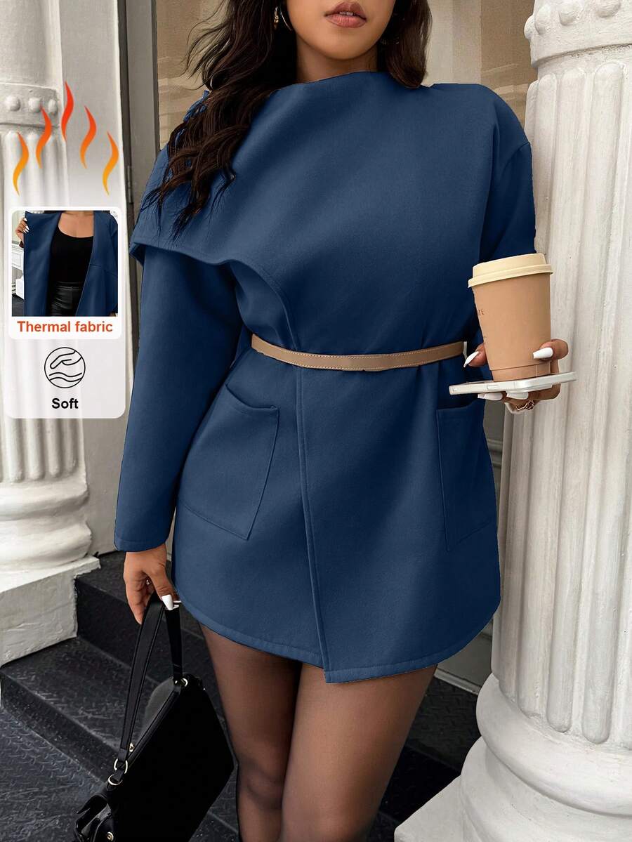Easura Mantel Wol Wanita Ukuran Besar Warna Polos Lengan Panjang Model Syal, Musim Gugur/Dingin - Navy Blue - View 1