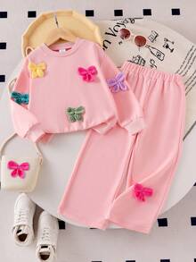 Elladie kids 2 peças/Conjunto Moletom de Gola Redonda de Manga Longa com Laço Colorido de Crochê e Calça para Meninas Jovens, Conjunto de Roupa Infantil Fofa e Estilosa de Desenho Animado para Outono/Inverno - Rosa chiclete - Visão 5