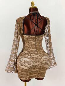 Amplova فستان مناسب للمقاسات الكبيرة، أنيق وجذاب بأكمام جرس من الدانتيل