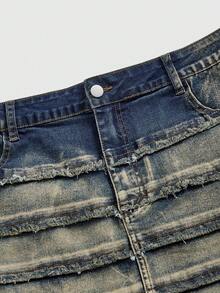 ROMWE Grunge Punk Y2K Faded Distressed Multi-Layer Frayed Patchwork Plus Size Denim Mini Skirt, Subculture Vintage Washed Denim Skirt - Dark Wash - View 3