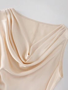 SHEIN PETITE 娇小女士休闲缎面无袖垂褶领连衣裙