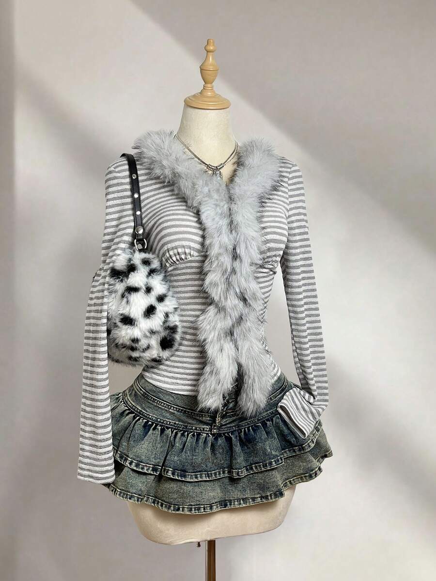 Elamini 2025秋冬新款女式修身V领条纹长袖上衣，性感款式 - 灰色 - 查看 1