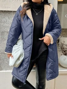 EMERY ROSE Plus Size Winter Clothes Casual Hooded Thermal Lined Padded Padded Coat - Navy Blue - View 3