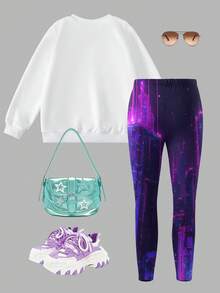 2pcs/Set KPOP Graphic Print Top, Girls Crew Neck Sweatshirt And Leggings Set, Fashionable Casual, Suitable For Autumn/Winter - Multicolor - View 5