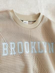 PrepCrw 2pcs/Set Boys' Collegiate Style Letter Print Long Sleeve Sweatshirt And Sweatpants Set - Khaki - View 3