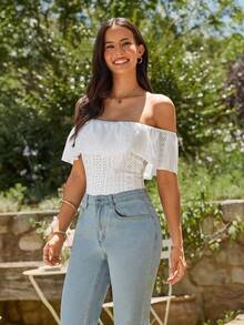 KARISMINA Vacation Casual Solid Color Off-Shoulder Bodysuit - White - View 6