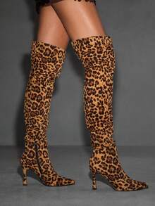 CUCCOO SZL Botas altas con puntera puntiaguda, tacón de aguja, estampado de leopardo marrón, con cristales de rinoceronte, glamorosas y sexys para actuaciones, fiestas, discotecas, mujeres con súper tacón alto - Multicolor - Ver 8
