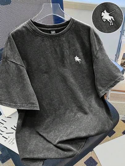 Manfinity Joysei Black Embroidered Small Logo Vintage Distressed T-Shirt, Casual Versatile, Minimalist, Suitable As A Gift For Friends