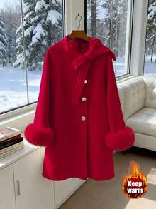 GlowEve Women's Elegant Solid Color Knotted Collar Faux Fur Cuff Warm Overcoat, Autumn/Winter