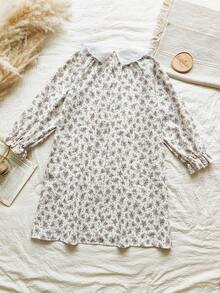 Vintaside Kids 少女休闲碎花刺绣领连衣裙，秋季款 - 彩色 - 查看 2