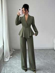 SHEIN Elenzya Set di top con volant a collo scialle e pantaloni a gamba dritta, colore tinta unita, adatto per ufficio e pendolarismo - Verde - Visualizzare 6