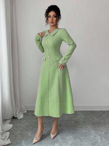 Elenzga 女士蓝绿色纹理面料翻领收腰A字中长连衣裙，饰有金属仿珍珠纽扣，优雅别致的设计，适合教师装、约会、生日、派对、独立日、感恩节、圣诞节、新年等场合，长袖。 - 綠色 - 查看 6
