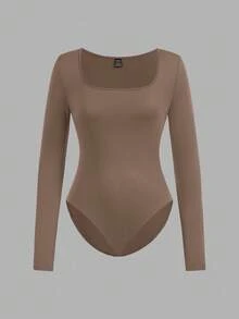 SHEIN EZwear 3件套女士休闲简约棕色卡其色米色方领长袖连体衣套装，秋冬季 - 彩色 - 查看 7