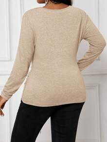 SHEIN Lady 新款秋冬优雅卡其色针织褶皱胸部长袖加大码T恤，曲线上衣，束胸上衣，专业上衣，适合音乐会、秋冬季女装、锐舞派对、早午餐、圣诞节、新年、感恩节等场合，时尚系列 - 卡其色 - 查看 2