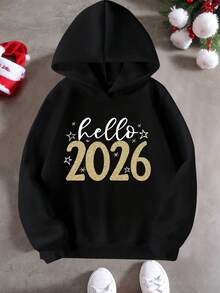 男童“Hello 2026”图案黑色长袖卫衣，适合节日庆祝、日常休闲穿着、新年等场合。 - 黑色 - 查看 3
