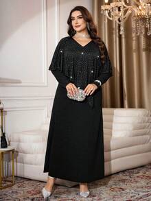 Modelyn Plus Size Elegant Party Sequin Patchwork Dress - Black and White - View 4
