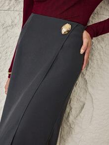 Modelyn 女士优雅金属装饰腰部铅笔裙，适合通勤 - 深灰色 - 查看 1