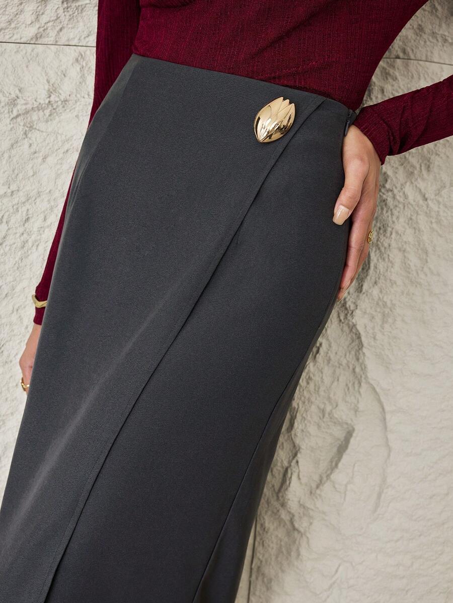 Modelyn 女士优雅金属装饰腰部铅笔裙，适合通勤 - 深灰色 - 查看 1