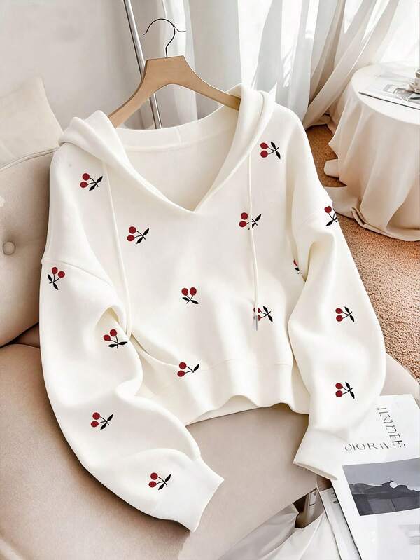 Resyla Sudadera con capucha para mujer para exteriores, otoño/invierno, vuelta al colegio, Día del Maestro, atuendo para exteriores, diseño estampado de cerezas, sudadera con capucha de manga larga, fotografía callejera, ropa de vacaciones y casual, imprescindible, llamativa, blanca, sudadera con capucha de manga larga y ajuste regular para mujer