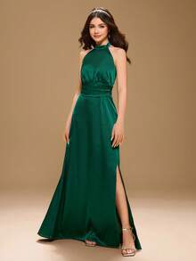 Váy dài xẻ cao bằng vải satin, thắt eo, váy dạ hội cho thiếu nữ/phụ nữ trẻ, thích hợp cho đám cưới, tiệc tối, sinh nhật, Giáng sinh, Halloween, vũ hội - Màu xanh lá cây đậm - Xem 7