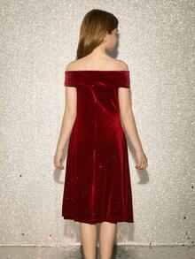Tween Girl Elegant Burgundy Velvet Sequin Off-Shoulder Ruched Slim Fit Dress - Burgundy - View 2
