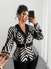 Elenzga Women's Elegant Geometric Print Asymmetric Collar Crossed Neckline Long Sleeve Blouse, Autumn/Winter - Multicolor - View 7