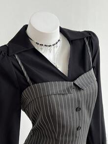 Elamini Women's Elegant Outfit, Casual Daily Wear, Versatile Commute, Black Long Sleeve Shirt With Adjustable Strap, Striped Short Dress, 2-Piece Set, Autumn/Winter - Multicolor - View 6